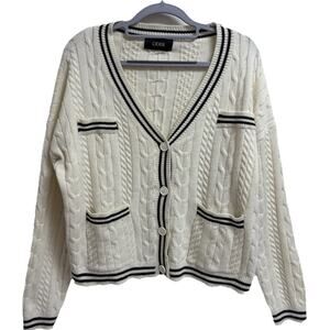 CIDER Cable Knit Cardigan Womens Large Ivory Black Stripe V Neck Button Sweater